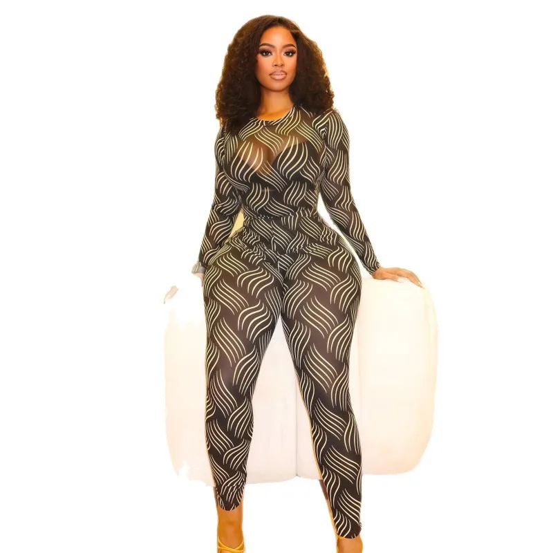 

Осень 2025 г., женский сексуальный комплект из 2 предметов с прозрачным сетчатым принтом, боди с круглым вырезом и длинными рукавами, топы + брюки-карандаш, клубная одежда, костюмы