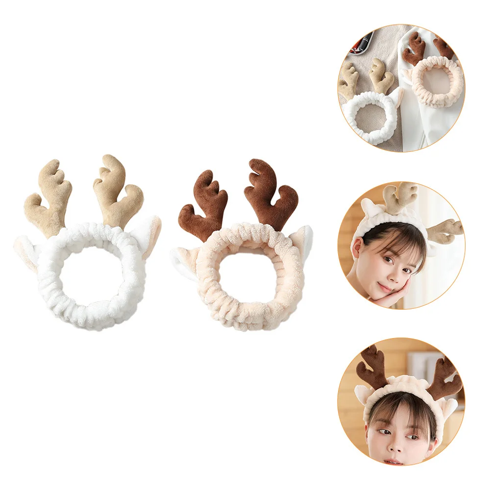 

2 шт. женских эластичных повязок для волос с рогами оленя, приятных на ощупь, для макияжа, умывания, душа, спа-процедур, многоразовые