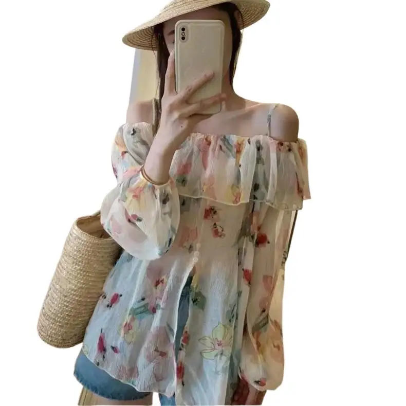 

Корейские модные женские легкие плиссированные топы из искусственного шелка с цветочным принтом, сексуальные шикарные шифоновые рубашки с открытыми плечами и открытыми плечами