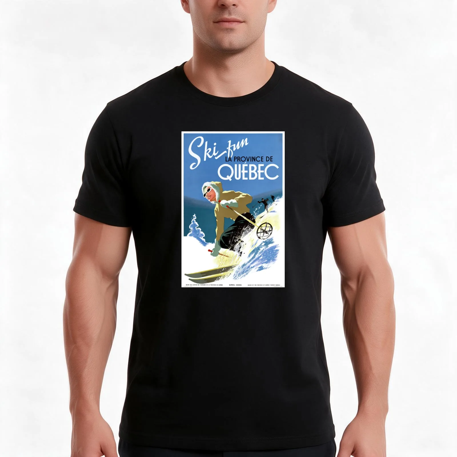 Quebec Canada Vintage Travel Poster Restored T-Shirt, Summer Casual Cotton Tee, Oversized Streetwear Tops, Vintage Graphic Print