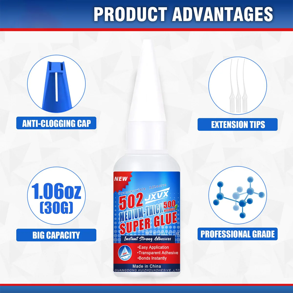 502 Super Cola Extra Forte Líquido Transparente Adesivo Cianoacrilato Reparação de sapatos de viscosidade média, couro, cerâmica, plástico, vidro, metal, madeira, borracha, terracota, modelagem.