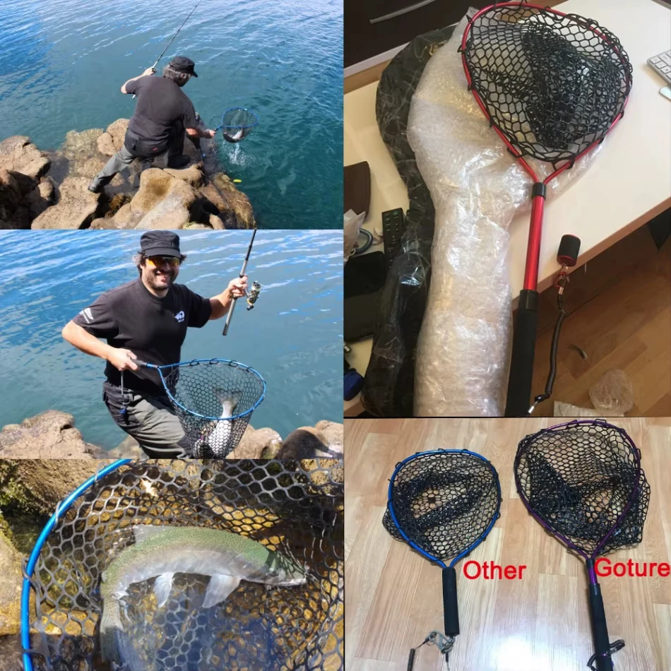 

Рыболовный подсачек Goture с телескопической ручкой, простой в использовании, с прочной резиновой сеткой, предотвращающей зацепы, нескользящей рукояткой, управление одной рукой для рыболовов