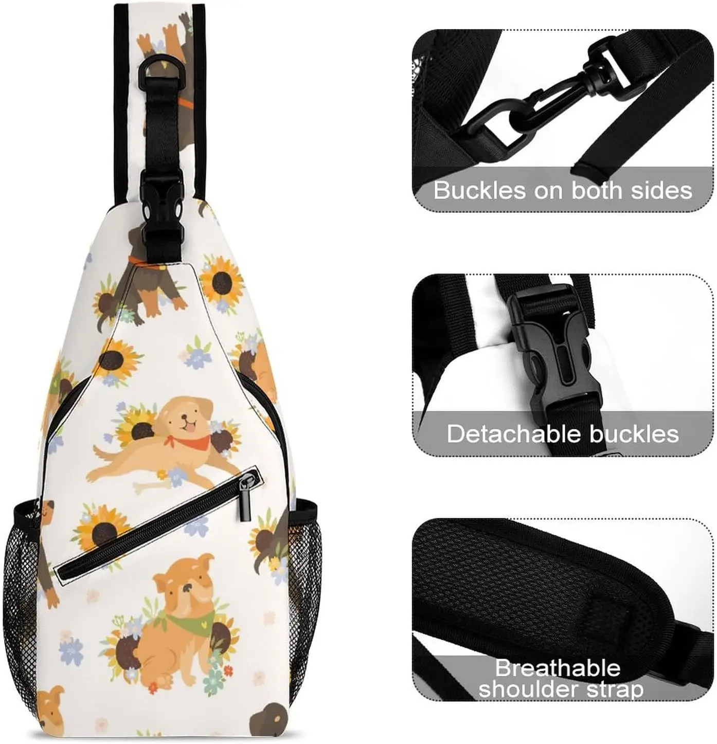 Dogs Pattern Sunflowers Sling Bag Crossbody Shoulder Chest Bags Print Backpack Travel Daypack for Women Men Unisex Casual