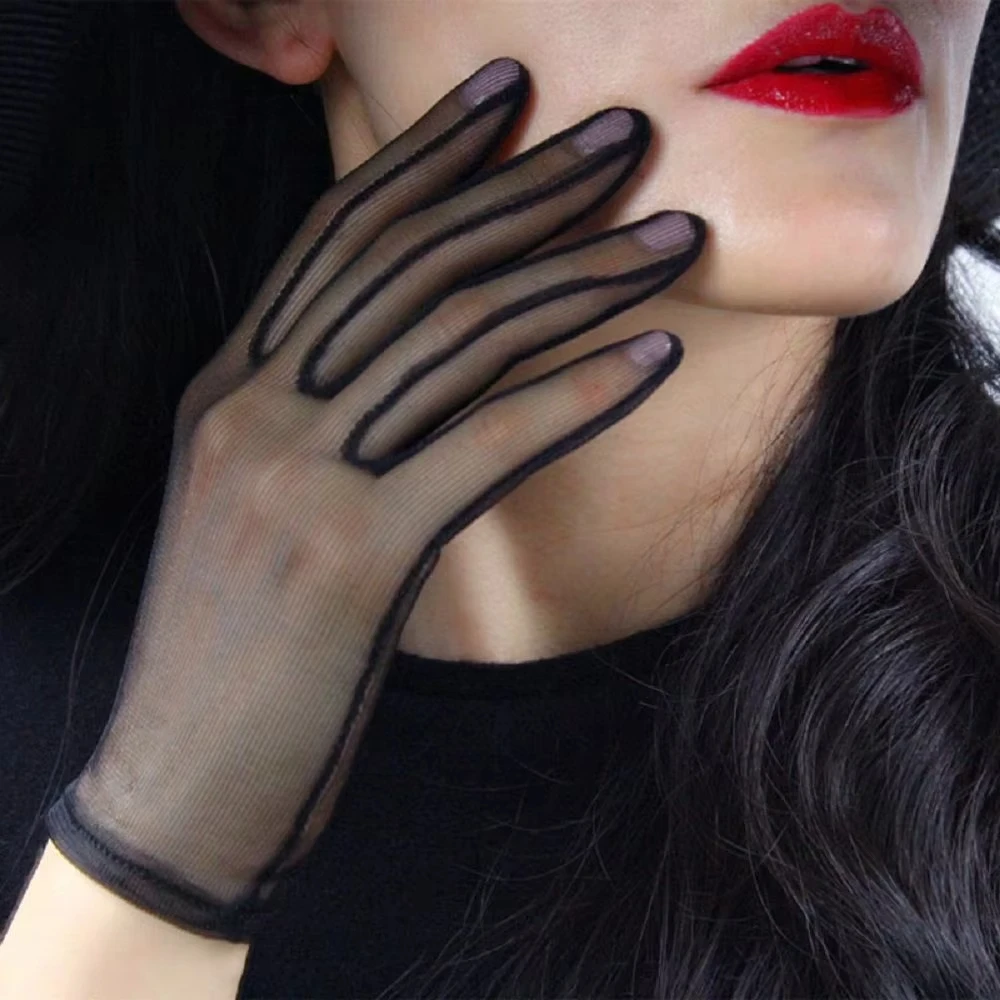 Guante corto transpirable de malla elástica ultrafina para boda nupcial, etiqueta de moda de tul suave liso blanco y negro para mujer