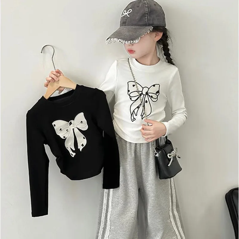 

T-Shirts Girls' Long Sleeve Blouse Early Autumn Bow Detail Top Stylish Base Layer for Toddlers Girls Clothes