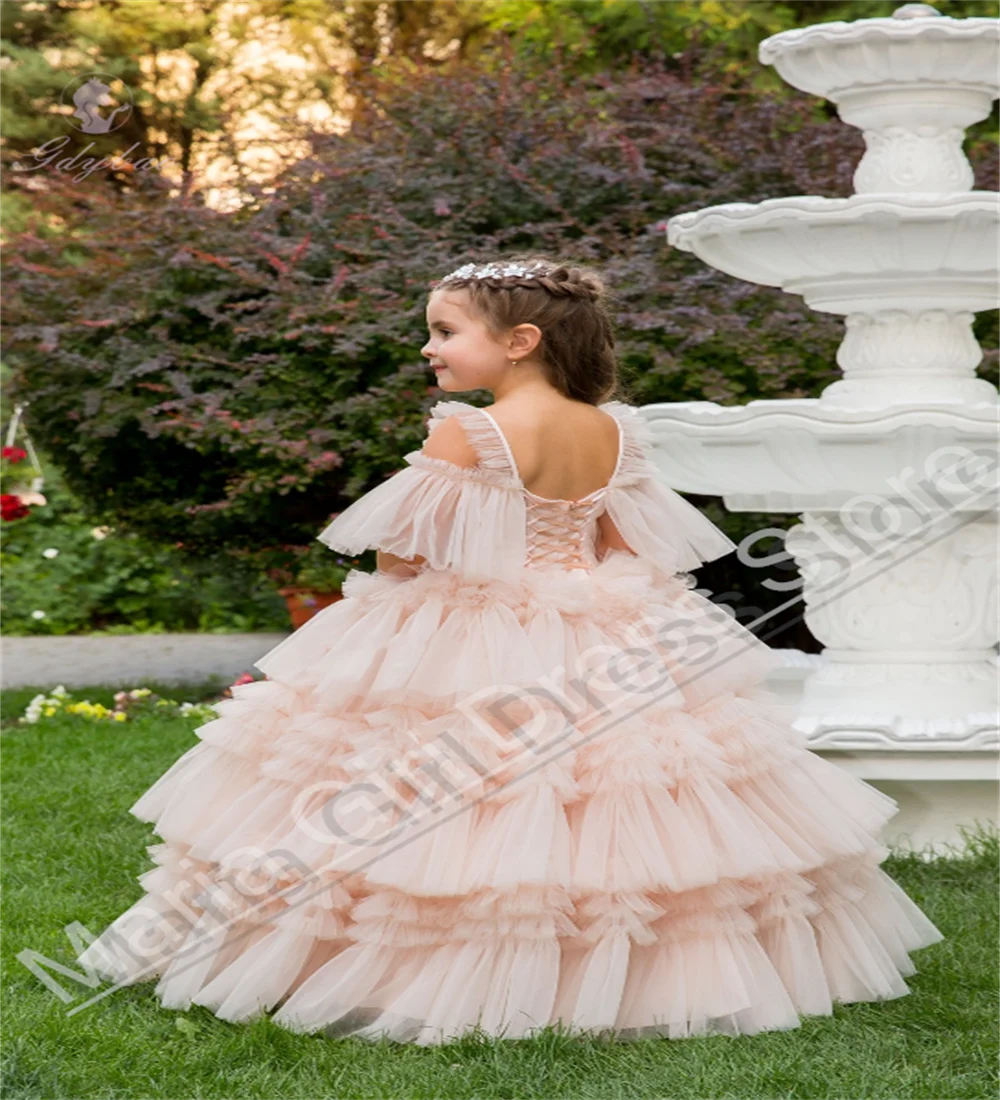 女の子用オフショルダーフラワーガールドレス、ふわふわエレガントなイブニングウェディングドレス、子供の最初の誕生日パーティーイベント写真撮影用