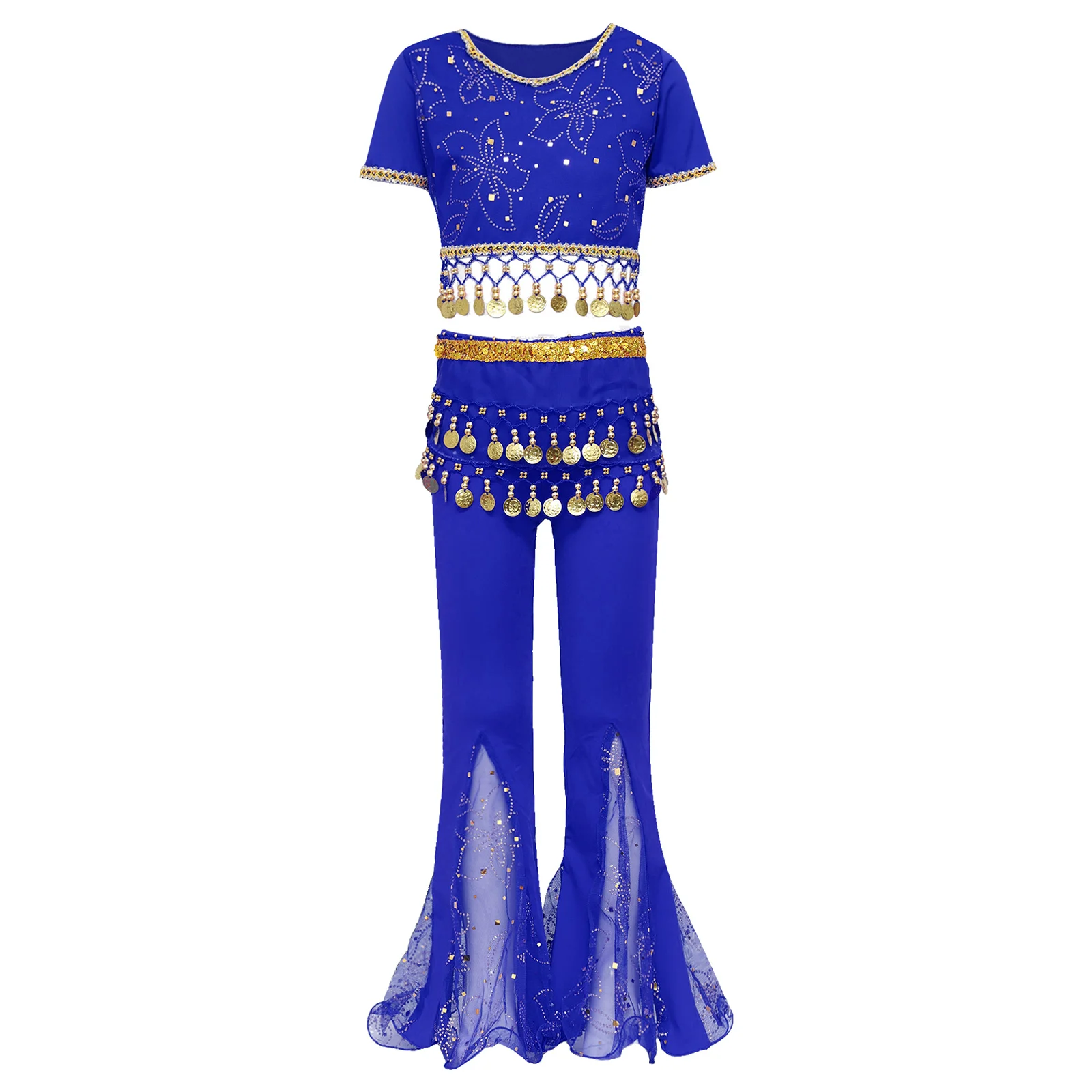 3-teiliges indisches Kostüm für Kinder, Mädchen, Prinzessin, Bauchtanz, Kostüm, Bauchtanz-Outfit, Kinder-Top und Hose mit Taillendekoration
