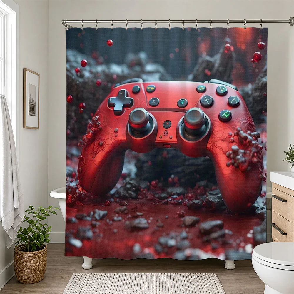 Gaming Controller Shower Curtain Red Video Game Console Shower Curtain Waterproof Bathroom Decor