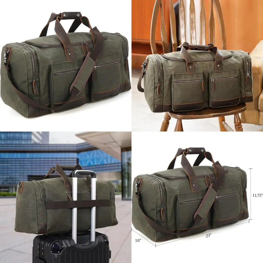 

Waterproof Waxed Canvas Travel Duffel Bag - 23 Inch Cowhide Leather Weekender Luggage for Overnight Trips and Carry-On Use