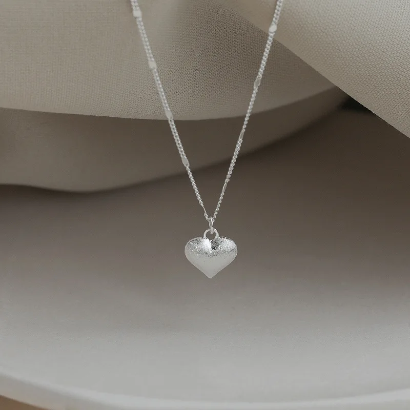 

925 Silver Frosted Heart Neck Chain Simple Necklaces For Women Vintage Luxury Quality Jewelry Accessories Jewellery