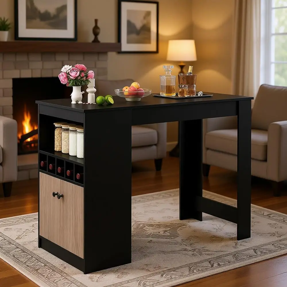 48 Inch Multifunctional Bar Table with Storage and Wine Rack for Home, Kitchen, and Pub Use