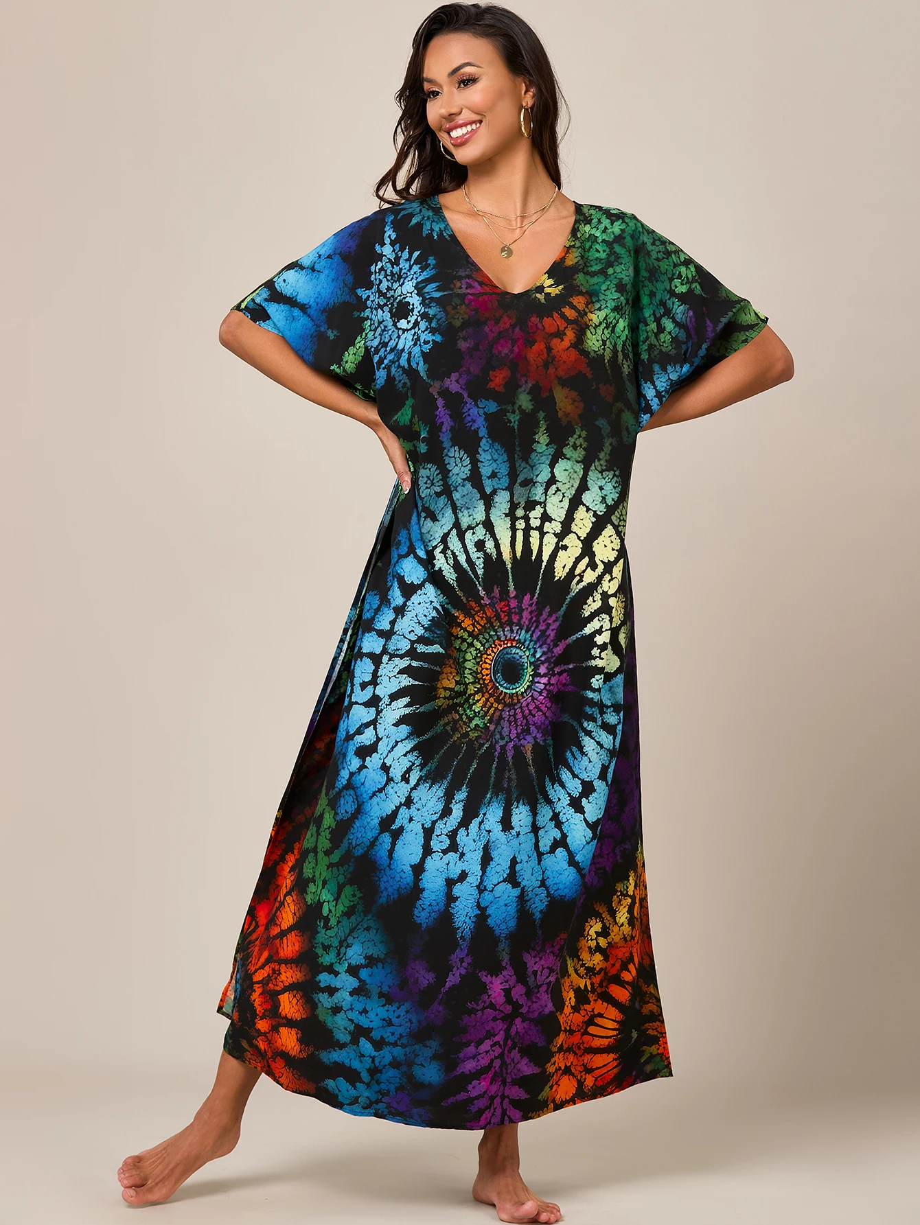 여성 여름 에스닉 스타일 카프탄 - 비키니 및 라운지웨어용 브이넥 사이드 슬릿 리조트 커버업 드레스