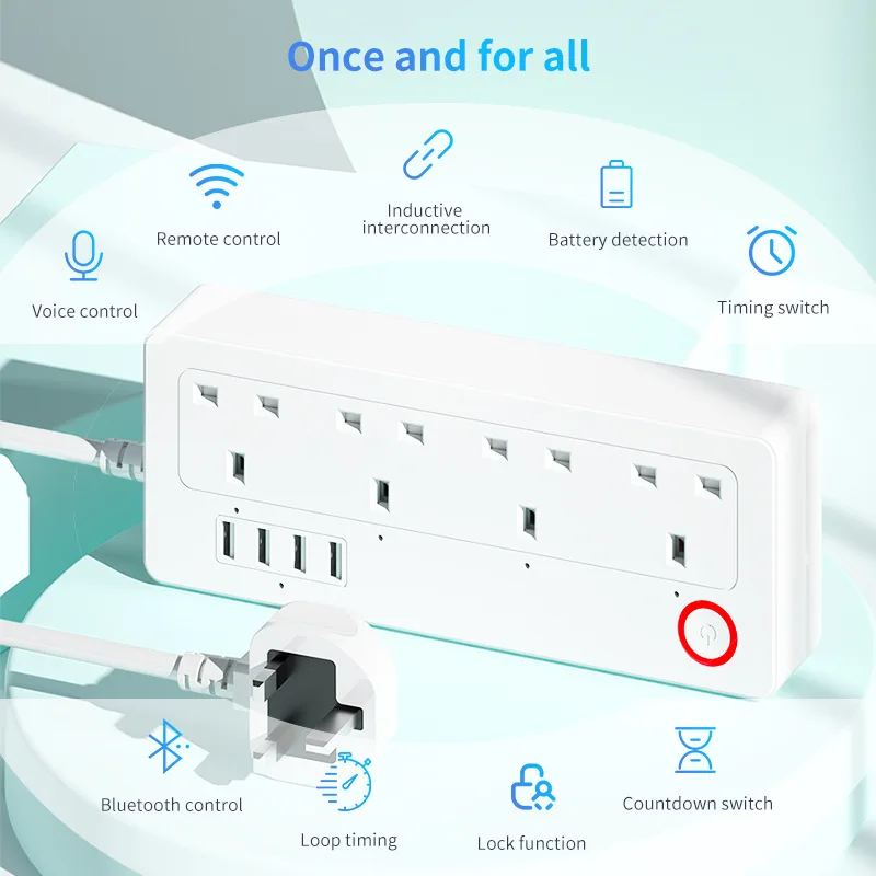 Tuya WiFi Smart Power Strip UK Plug with Power Monitor 4AC Socket 4USB 13A 1.8m Extension Cable Works With Alexa Google IFTTT