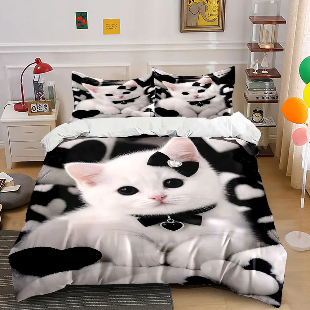 

Cute White cat with black and white hearts Bedding Set for Kids Luxury Gift 3pcs Digital Print Comforter Set Soft Comfortable