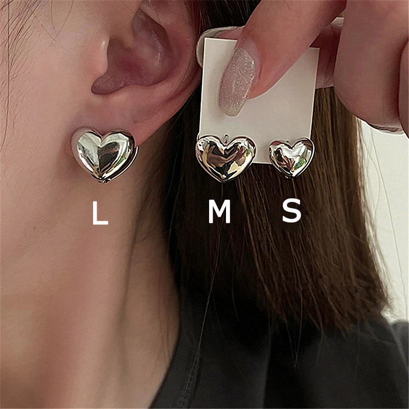 Kiss Jewelry Simple Metal Gold/Silver Color Heart Stud Earrings for Women Korean Fashion Piercing Earring 3 Sizes Party Gift