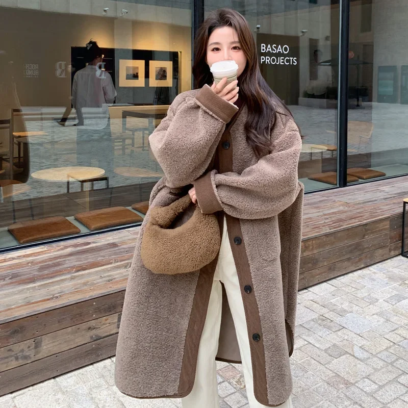 Coffee Colored Medium To Long Hooded Lambhair Coat for Women in Winter 2024, New Particle Velvet Loose Coat