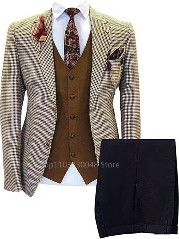 3 Pieces Formal Plaid Men\'s Suits Slim Fit Notch Lapel Brown Houndstooth Blazer Vest Pants Prom Tuxedos For Wedding/Business