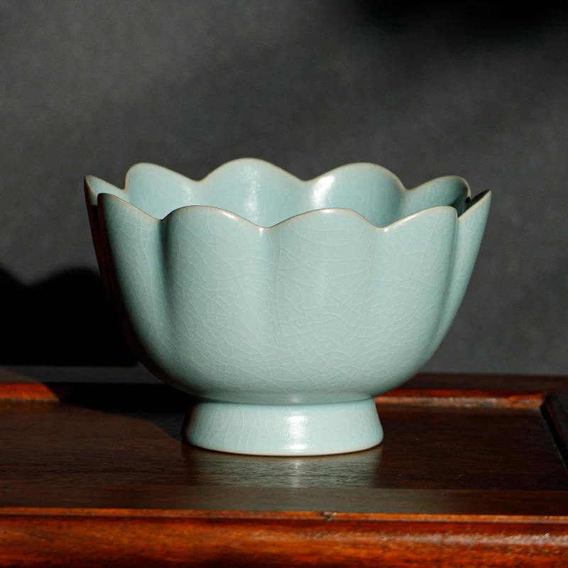 Guanfu Museum Guanfu Ru Ware Series Day Celadon Glaze Lotus-Style Warm Bowl Handmade Northern Song Dynasty Ru Ware Henan Ruzhou