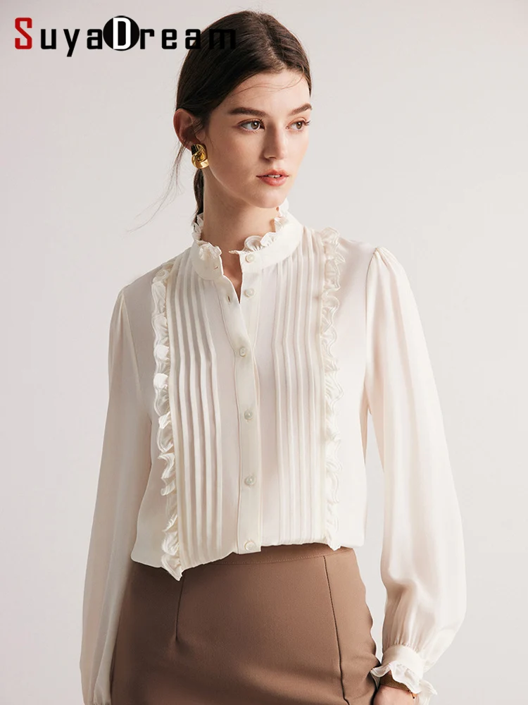 SuyaDream, Woman White Shirts, 100%Mulberry Silk, Stand Collar, Ruffles Chic Blouses, 2024 Spring Summer Office Lady Top