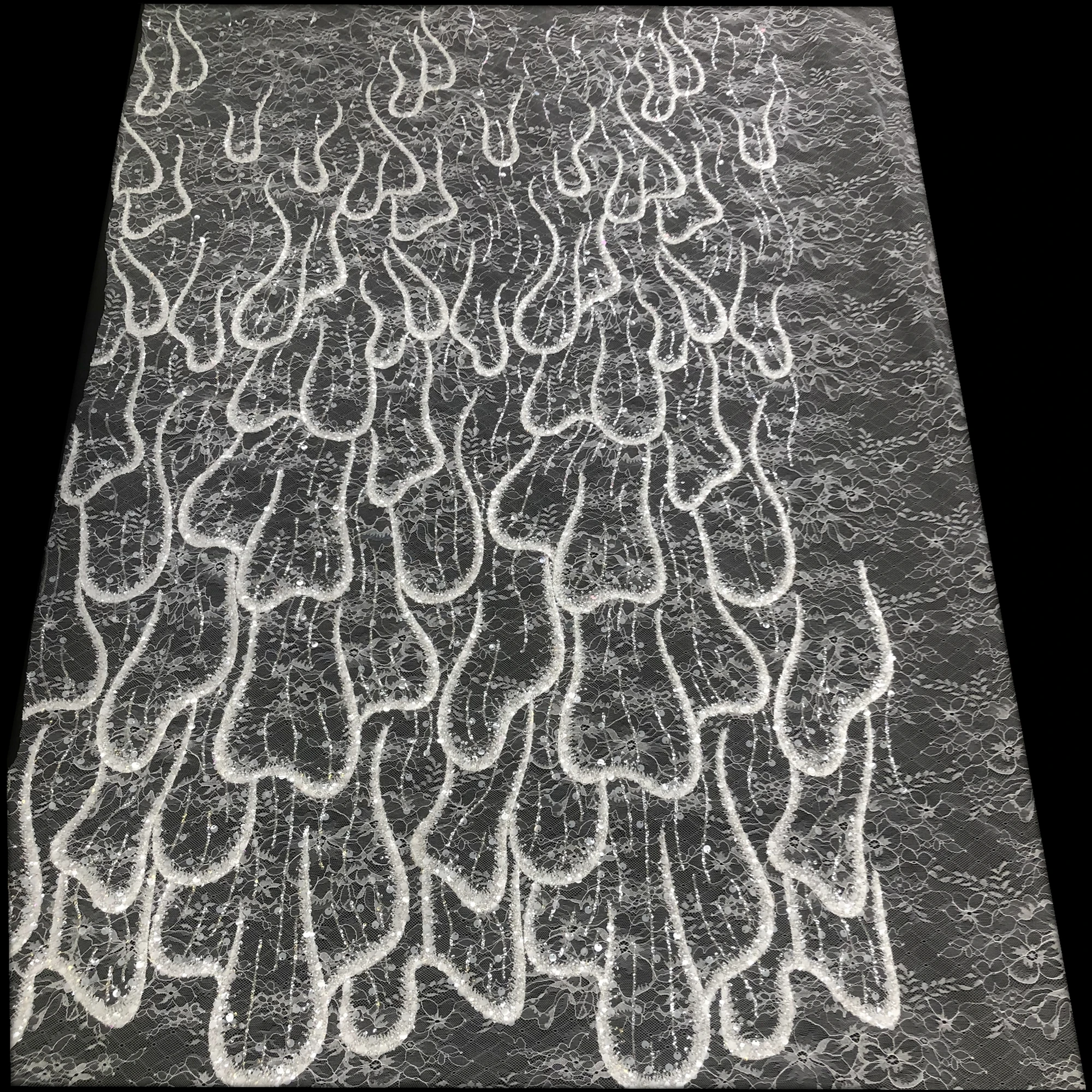 Delicate Wave Pattern Rayon Sequins Beads French Lace Embroidery, Custom Wedding Evening Dress Lace Fabric