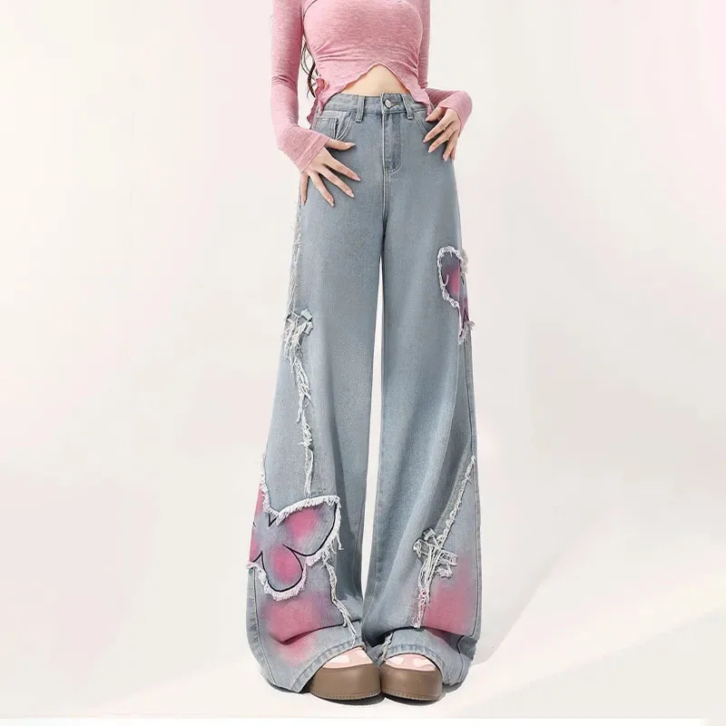 

Fried Street Butterfly Jeans Women's Spring Autumn 2024 New High Waist Stitching High Street Denim Straight Leg Wide Leg Pants