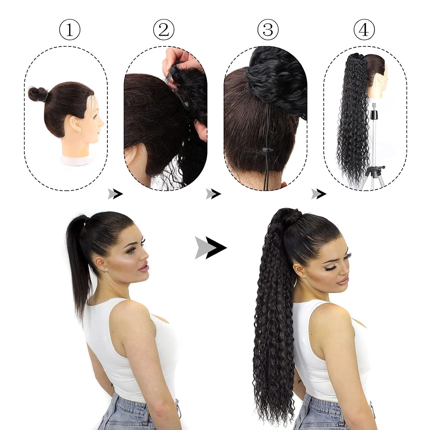 Onda profunda Drawstring Ponytail, rabos de cavalo do cabelo humano, preto natural encaracolado, extensões do cabelo para Cosplay diário, # 1B, 1 Pc