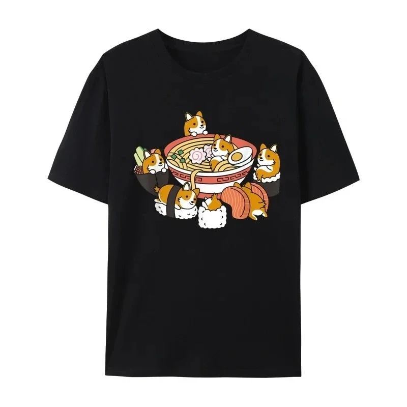Ramen Sushi Corgi Dog Camisa Printed T-Shirts Summer Funny Women Tees Casual Y2k Funny Shirt Grunge Streetwear Novelty Japanese