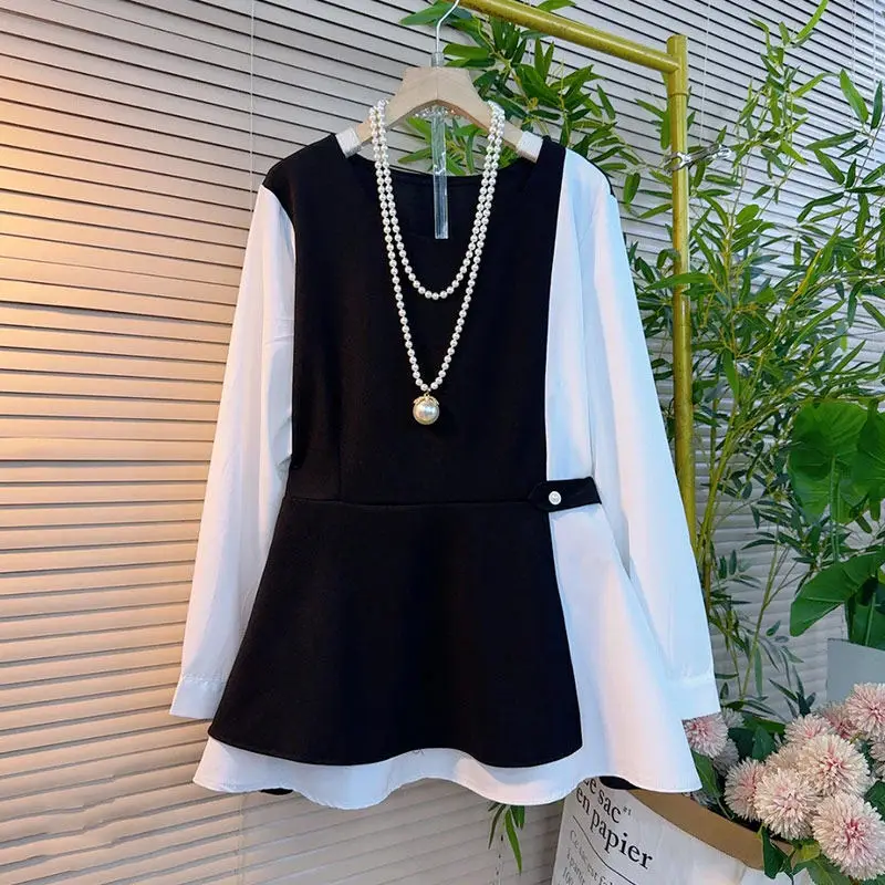 

SuperAen Oversize Women's O-neck Patchwork Long-sleeved Tops Korean Style Fashion Unique Design Tops