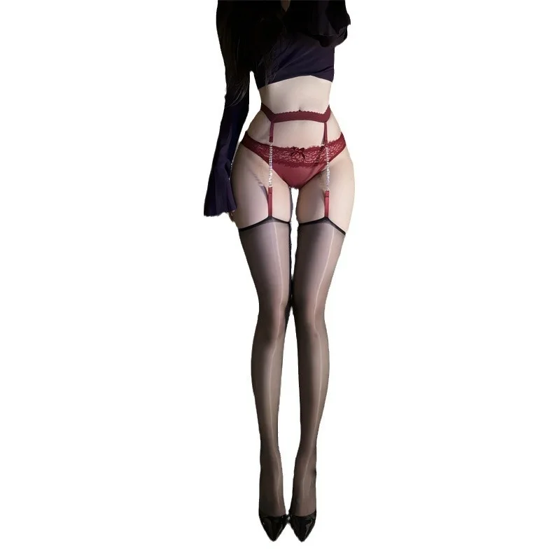 Night Fun ใหม่ยาว Suspender ถุงน่องโซ่ผ้าไหมสีดําบางผู้หญิง Desire น้ํามันม้าถุงน่อง F