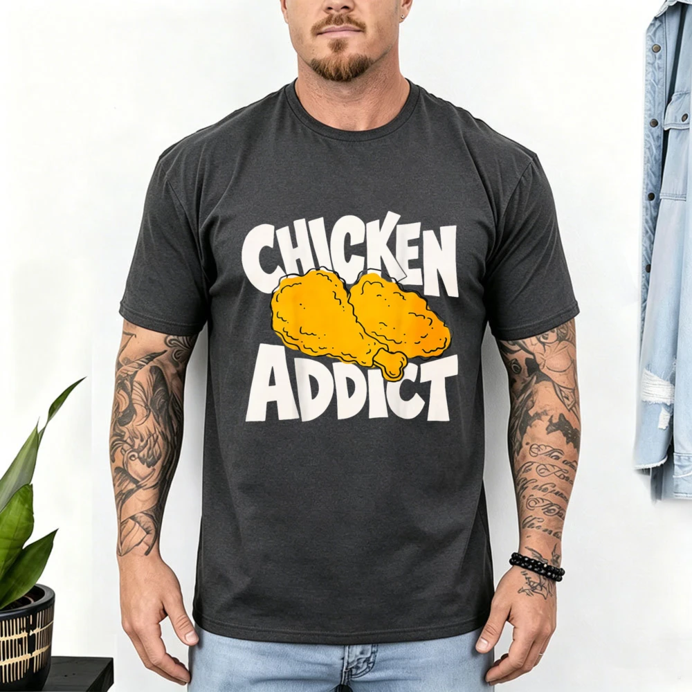 Men Funny Fried Chicken Addict Tee Retro Fast Food Lover Casual Daily Vacation T-shirt Vintage Graphic Cotton Short Sleeve Tops