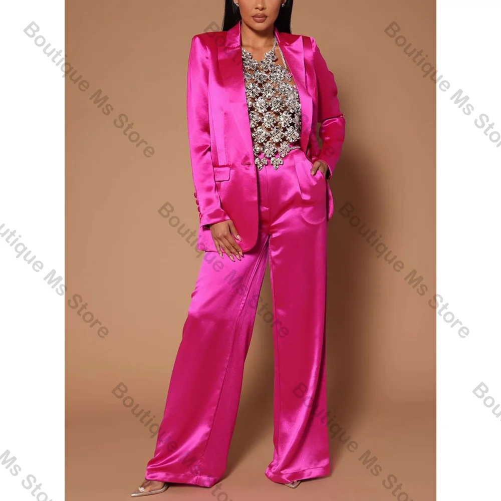 Bright Pink Satin Single Button Women Pants Suit 2 Pieces Blazer Trousers Custom Made Set Formal Evening Party Dress