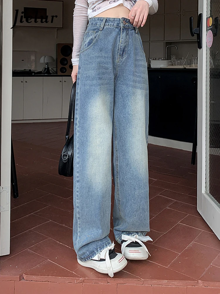 

Jielur High Waist Straight Slim Women Jeans Korean Autumn New Fashion Loose Full Length Simple Casual Chic Pockets Female Jeans