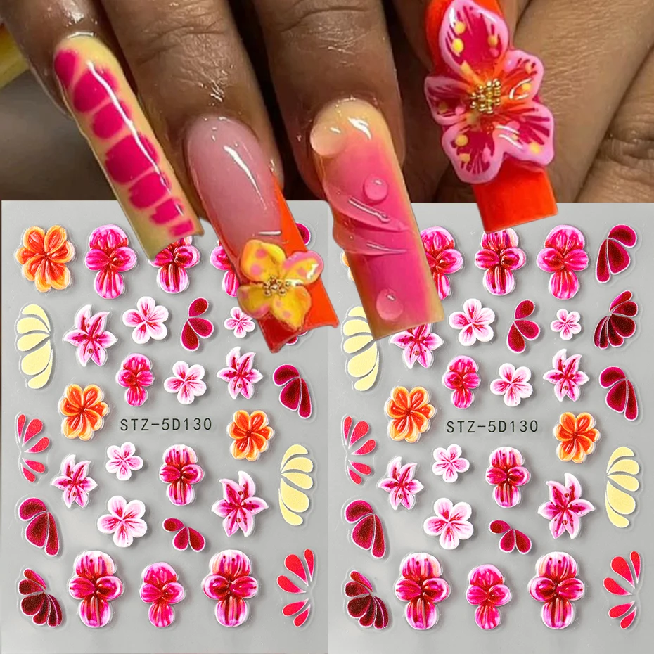 5D Embossed Pink Flower Petal Nail Art Stickers Self-Adhesive Engraved Slider Nail Decals for Nail Decoration Women And DIY