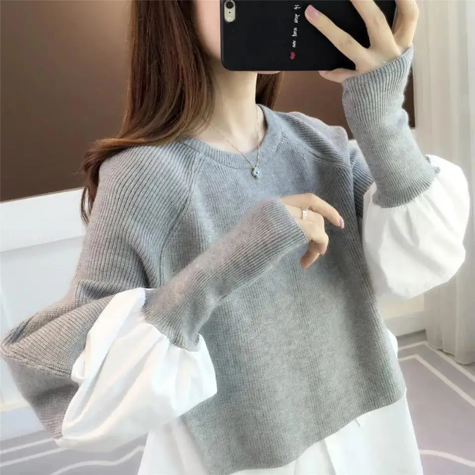 Women Autumn Spring Sweater Chic Pullover Blouse Splicing Shirt Patchwork Knitted Female Jumper U1022