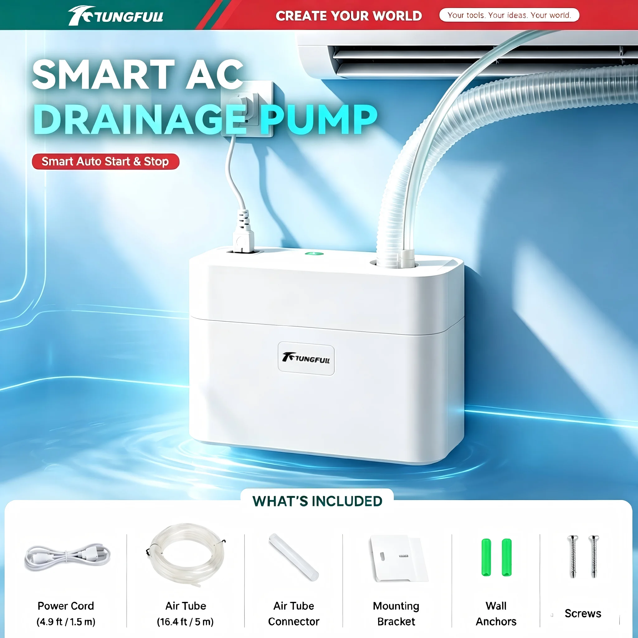 TUNGFULL 220V Air Conditioning Condensate Drain Pump Automatic 1‑3P Air Conditioner Drainage Pump With 5M Hose
