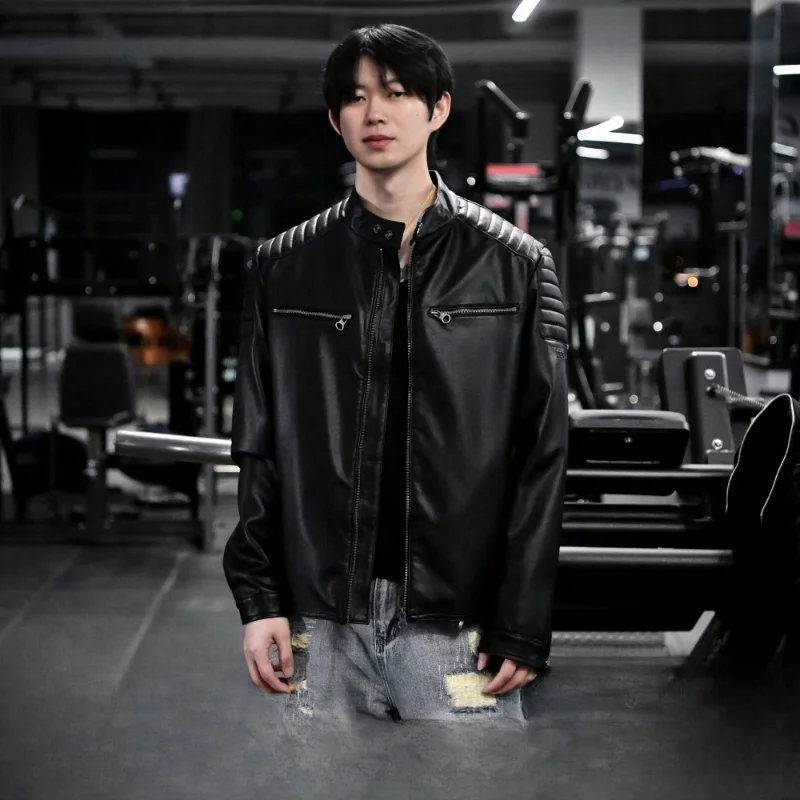 

Elegant Hard Man Motorcycle Style Spring Men's High End Soft Breathable Fine Stand Collar Leather Jacket Coat