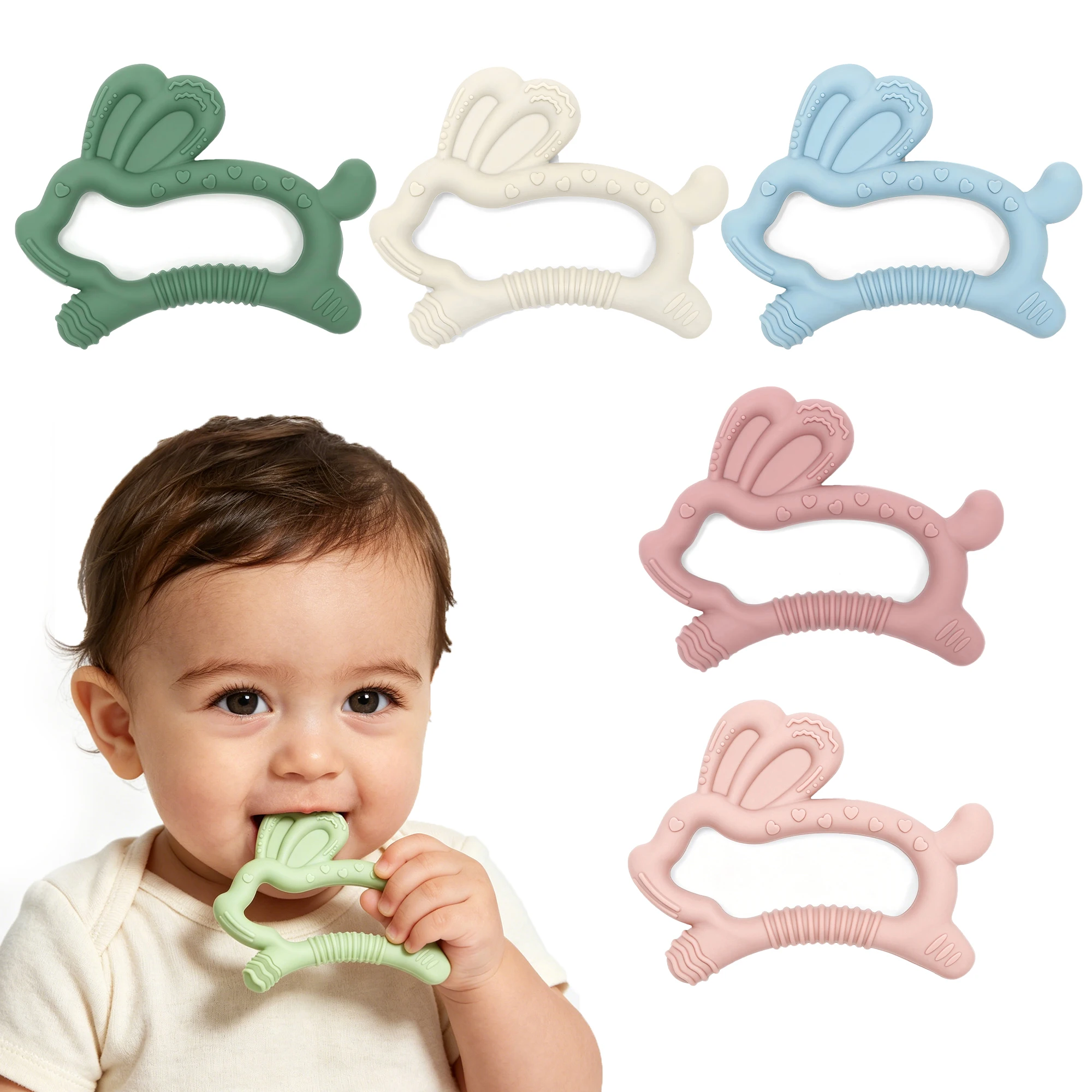 1pc Silicone Baby Teether, rabbit shaped, soft multi-texture chew toy, newborn gift, ideal for daily use & travel
