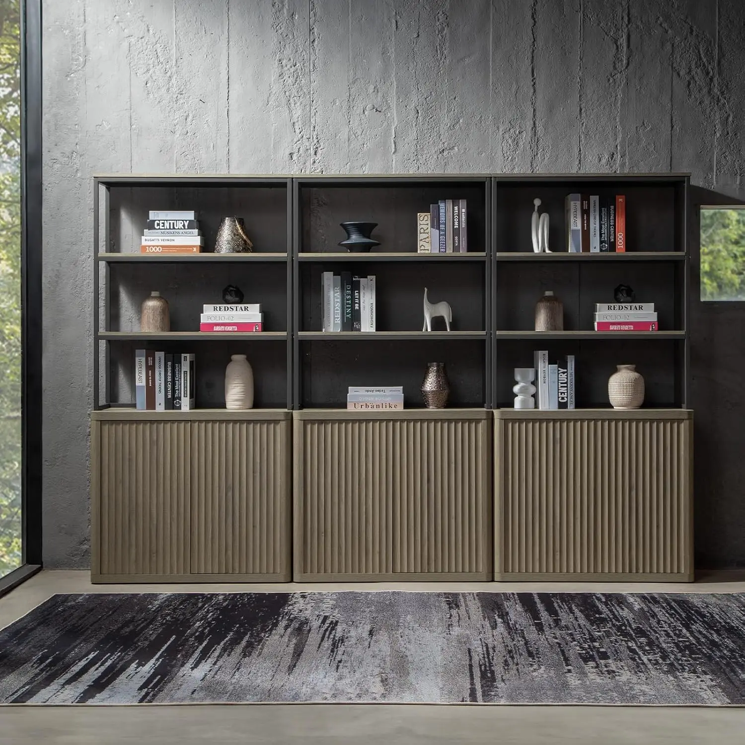 Large bookshelves, wood and metal bookcases Our book shelf boasts doors adorned with a unique fluted waveform panel design