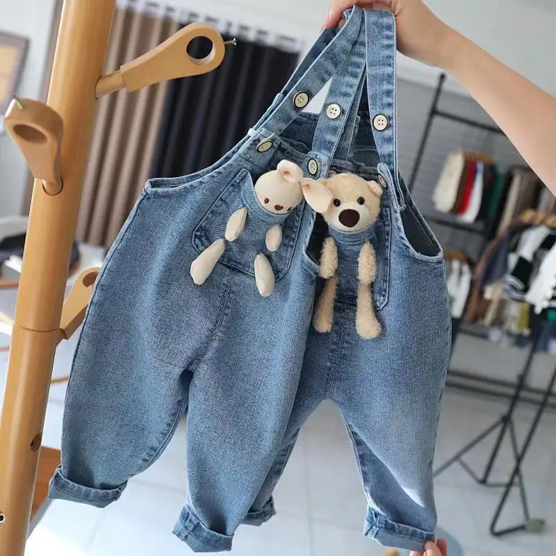 Baby Girls Jeans Pants Spring and Autumn Children\'s Denim Pants Boys and Girls Casual Denim Strap Pants 0-6 Years