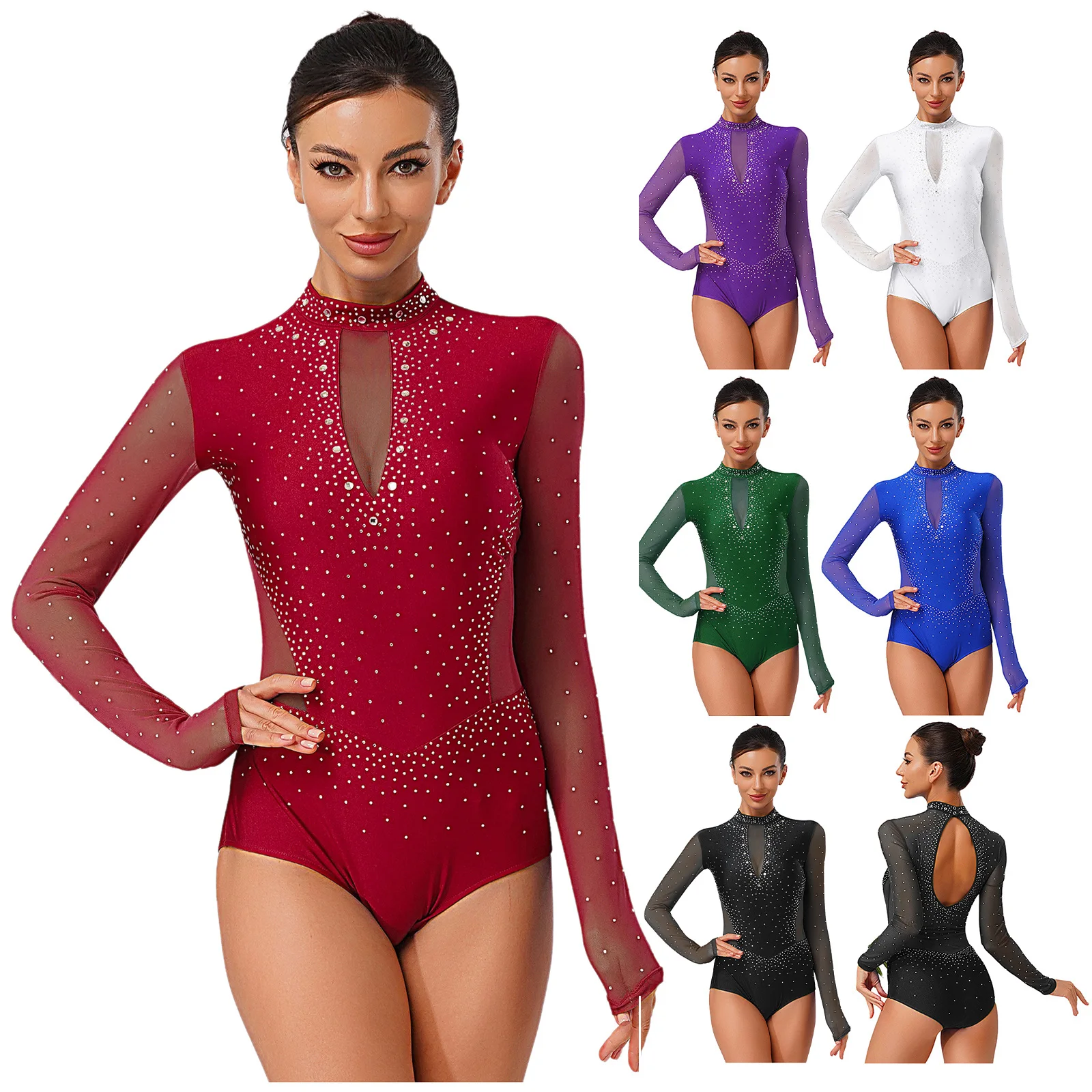 إمرأة الجمباز يوتار الشكل التزلج Dancewear طويلة الأكمام الظهر الجوف خارج بقماش شفاف حجر الراين الباليه الغنائية ارتداءها