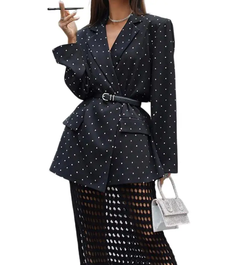 Spring New Fashion Polka Dot Turn-down Long Sleeved Suit Jacket For Women