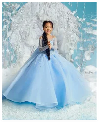 Customized Light Sky Blue Girl Pageant Dress Flower Girls Dresses for Wedding Princess Kids Party Fully Baby Birthday Gowns