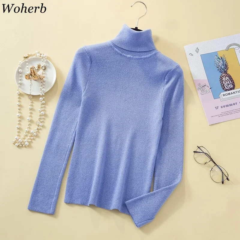 Woherb Turtleneck Women Pullover Glitter Sweater Spring Jumper Knitted Basic Top Fashion Autumn Korean Ladies Clothes 2024