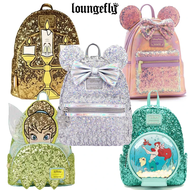 

6 Styles Loungefly Disney Holographic Sequin Series Minnie Tinker Bell Mermaid Mini Backpack
