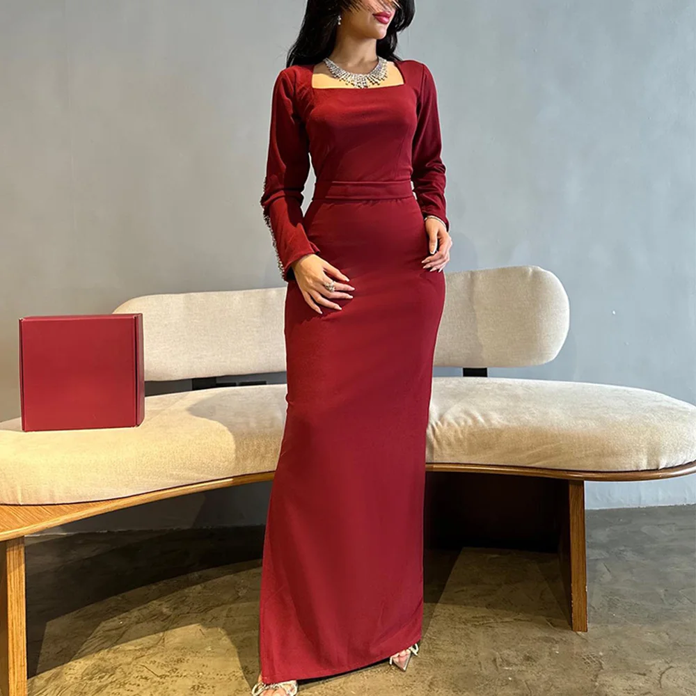 

Crystal Straight Square Neck Exquisite and Temperament Evening Dresses Floor Length Jersey Special Occasion Gowns Long Sleeves