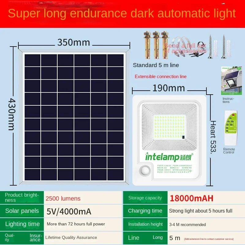 INTELAMP Solar Motion Sensor Floodlight with Remote Control, High Brightness 2500lm, 18000mAh, Suitable for Various Scenarios