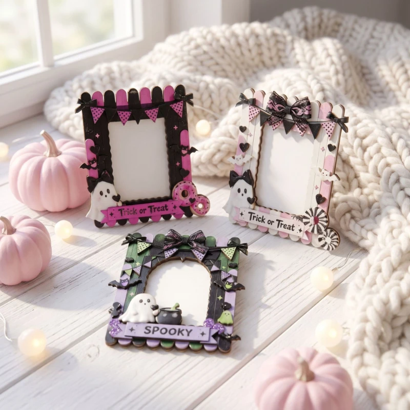 Halloween Wooden Picture Frame – Cute Ghost & Bow Pattern Tabletop Display Stand, Fun Festive Photo Holder Home Decor