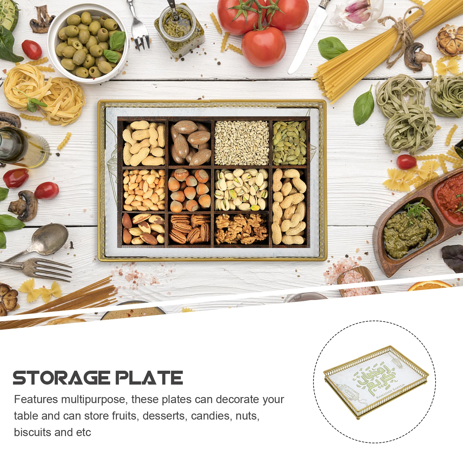 

1Pcs Metal Tray Golden Exquisite Storage Plate Eid Party Supplies Multipurpose Snack Dessert Nuts Biscuits Decor