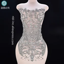 (1PC) Luxury silver hand sewn rhinestone bodice applique patch for wedding party prom dress WDD1403