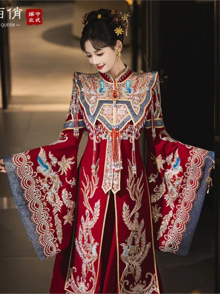 

Luxurious and improved Hanfu Chinese-style wedding dress bride's phoenix crown red for women